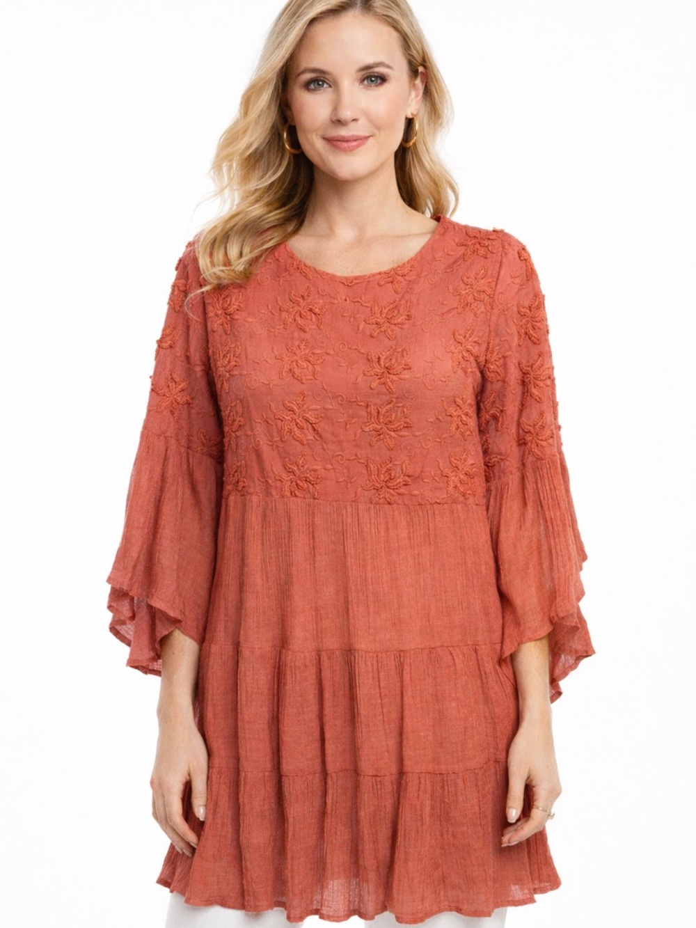 GIGIO Embroidered Tunic Top Rust Tiered Bell Sleeve Size M‎